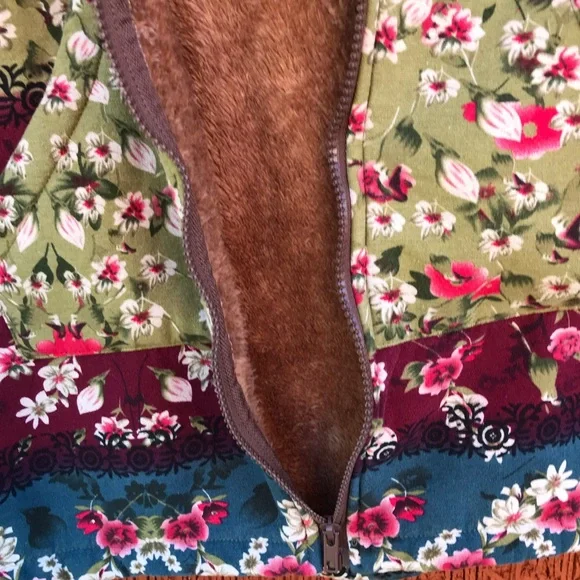 womens 2xl floral hoodie jacket zip up green burgundy blue fleece lined - Picture 9 of 11